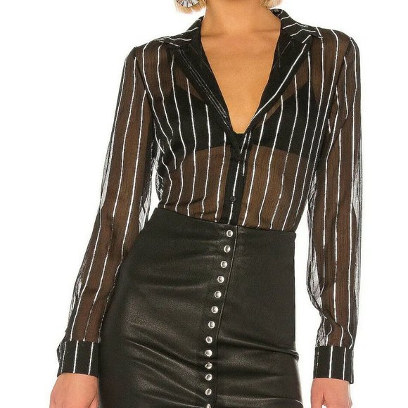 RtA Tops - RtA Blythe Top Striped Sheer Button-Up Long Sleeve Collared Blouse Shirt Women L